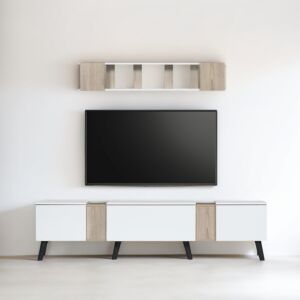 طاولة تلفاز مع وحدة رفوف جدارية ديريك لون أبيض وبيج