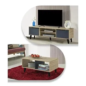 طقم طاولة تلفزيون وطاولة قهوة كايلان - خشبي وازرق