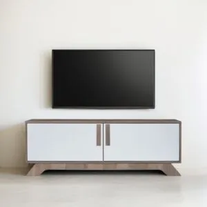 طاولة تلفزيون خشب ماليزي رمادي خشبي وأبيض