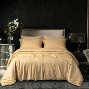 طقم لحاف فندقي نمط هندسي يوناني مزدوج قطن 500 غرزة 7 قطع - بيج