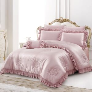 طقم لحاف مزدوج صيفي لوسو مطرز - 7 قطع - وردي فاتح