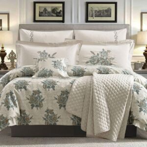 طقم لحاف صيفي قطن مزدوج بالميرا - 8 قطع - بيج وتركواز