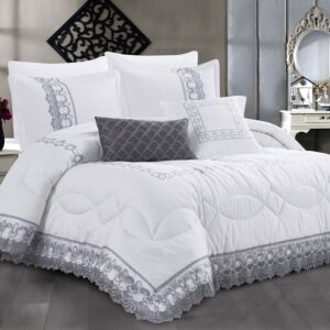 طقم لحاف درة صيفي مزدوج فاخر قطن مطرز 8 قطع - ابيض ورصاصي