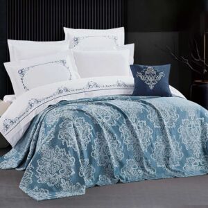 طقم لحاف صيفي قطن مزدوج جوسفين - 8 قطع - ابيض وازرق