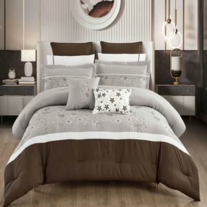 لحاف مزدوج صيفي خلود مطرز فاخر - 10 قطع - بيج وبني