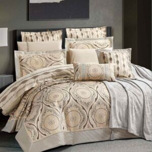 طقم لحاف صيفي مزدوج مطرز هوني مون - 12 قطعة - ذهبي ورمادي