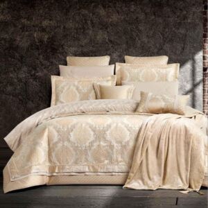 طقم لحاف صيفي مزدوج مطرز نمارق - 12 قطعة - بيج وذهبي