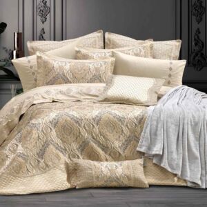 طقم لحاف صيفي مزدوج مطرز روشن - 12 قطعة - ذهبي ورمادي