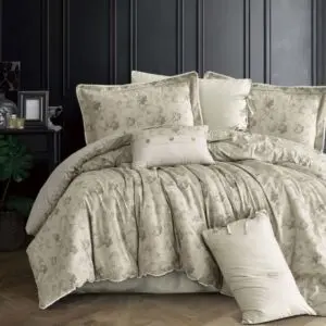 لحاف مزدوج سرور برسومات الزهور - 7 قطع - زيتي فاتح