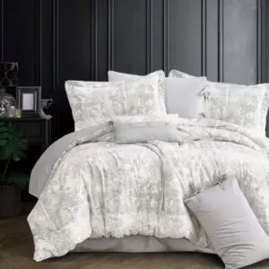 لحاف مزدوج سرور برسومات الزهور - 7 قطع - رمادي فاتح