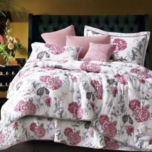 طقم لحاف بتول صيفي مزدوج - 200x200 سم - 8 قطع - أبيض ووردي