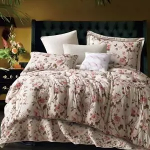 طقم لحاف بتول صيفي مزدوج - 200x200 سم - 8 قطع - كريمي ووردي
