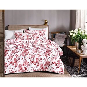 طقم لحاف ريم صيفي مزدوج قطن فاخر برسومات الزهور 6 قطع - ابيض واحمر