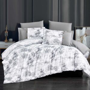 طقم لحاف فيكتوريا صيفي مزدوج من التنسل الفاخر 6 قطع - أبيض ورمادي