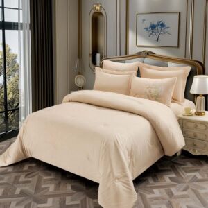 لحاف ميلاف شتوي مزدوج جاكارد مخمل وفرو - 6 قطع - كريمي