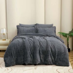لحاف ستارز شتوي مزدوج مخمل وفرو - 6 قطع - رمادي غامق