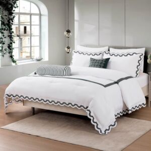 لحاف كوين صيفي مراكش 200x150 سم مطرز فاخر - 6 قطع - ابيض ورمادي