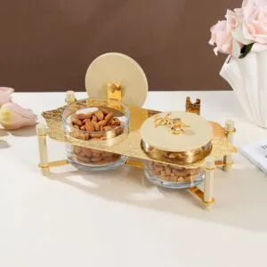 طقم تقديم مكسرات قطعتين مع صينية من جوار - كريمي وذهبي