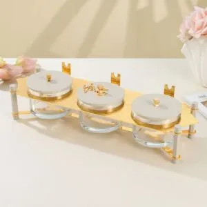 طقم تقديم مكسرات 3 قطع مع صينية من جوار - بيج وذهبي