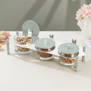 طقم تقديم مكسرات 3 قطع مع صينية من جوار - اخضر فاتح وفضي