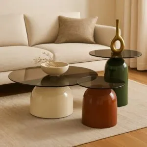 طقم طاولة قهوة وطاولتين جانبية يارا - احمر واخضر وبيج