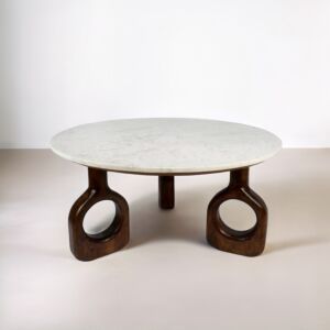 طاولة قهوة سطح رخام فينولر - ابيض وخشبي غامق