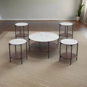 طقم طاولة قهوة سيراميك و خشب 5 قطع سيزينيا - بني