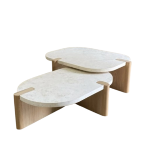 طاولة قهوة متداخلة سطح حجر وقواعد خشب