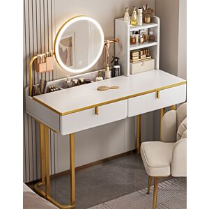 طاولة تزيين فانيتي مع مرآة ليد ودرجين - أبيض