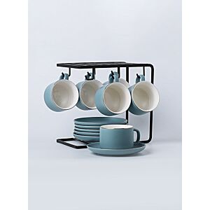 طقم 12 كوب وصحون مع حامل حديد بيلو - أزرق