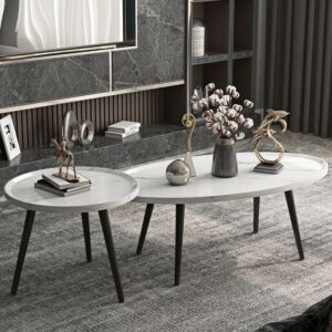 طقم طاولة قهوة وطاولة جانبية بنمط رخامي - ابيض