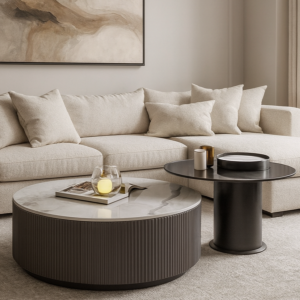 طاولة قهوة دوبيا خشبية وسطح زجاج رمادي وأسود - قطعتين