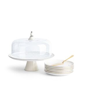 طقم تقديم كيك 9 قطع من كراون - أبيض وأطراف فضي