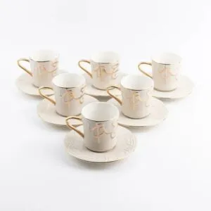طقم أكواب شاي بورسلان 12 قطعة من جوار - بيج و ذهبي