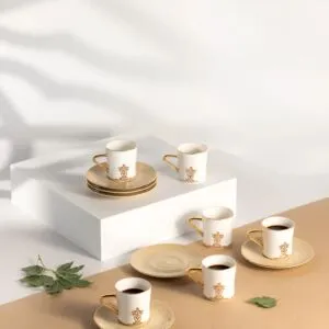 طقم فنجان قهوة تركية 12 قطعة من نقش - عاجي وذهبي