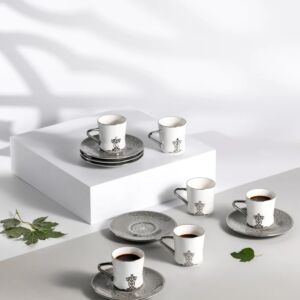 طقم فنجان قهوة تركية 12 قطعة من نقش - رمادي وفضي