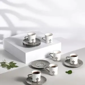 طقم فنجان قهوة تركية 12 قطعة من نقش - رمادي وفضي