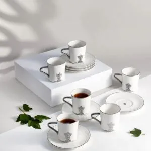 طقم اكواب شاي 12 قطعة من نقش - ابيض وفضي