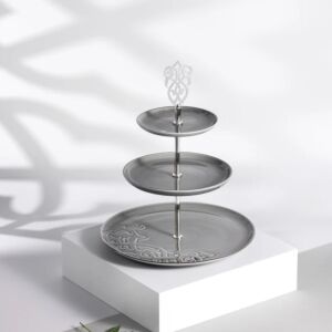 حامل حلويات بورسلان 3 طبقات من نقش - رمادي وفضي