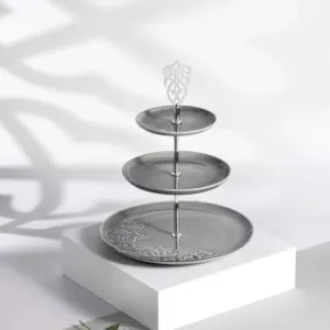 حامل حلويات بورسلان 3 طبقات من نقش - رمادي وفضي