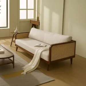 كنبة ثلاثية راتان طبيعي من ويلو - بني وبيج