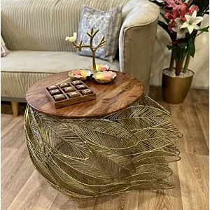 طاولة قهوة  ريشة معدنية وجهية خشب لون ذهبي مقاس صغير - اندستيريل 