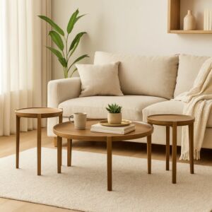 طقم طاولة قهوة وطاولات جانبية خشب هندي طبيعي 3 قطع ميناس - عسلي