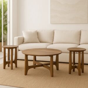 طقم طاولة قهوة وطاولات جانبية خشب هندي طبيعي 3 قطع ريبا - عسلي
