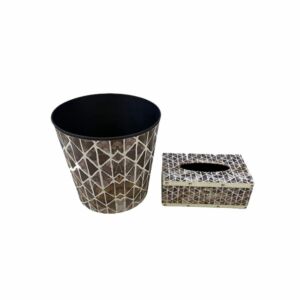 طقم سلة مهملات وصندوق محارم - بني ومتعدد الالوان