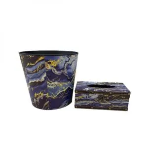 طقم قطعتين سله وعلبة مناديل - ازرق وذهبي