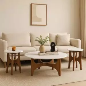 طقم طاولة قهوة وطاولات جانبية خشب ورخام طبيعي