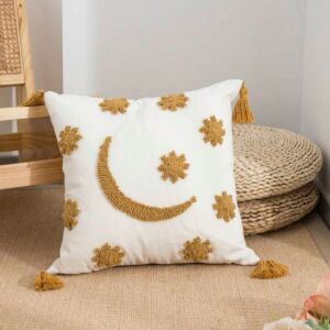 غطاء وسادة بتطريز نجوم و هلال بدون حشوة - اصفر وابيض