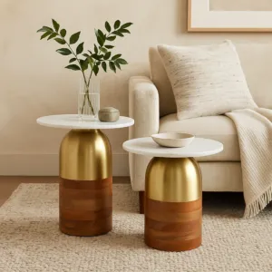 طقم طاولتين جانبية سطح رخامي قطعتين شينزو - ذهبي وبني