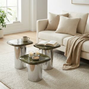 طقم طاولات جانبية رولان سطح خشب طبيعي - 3 قطع - اخضر وفضي